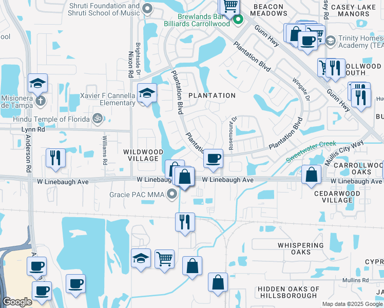 map of restaurants, bars, coffee shops, grocery stores, and more near 10397 Chadbourne Drive in Tampa