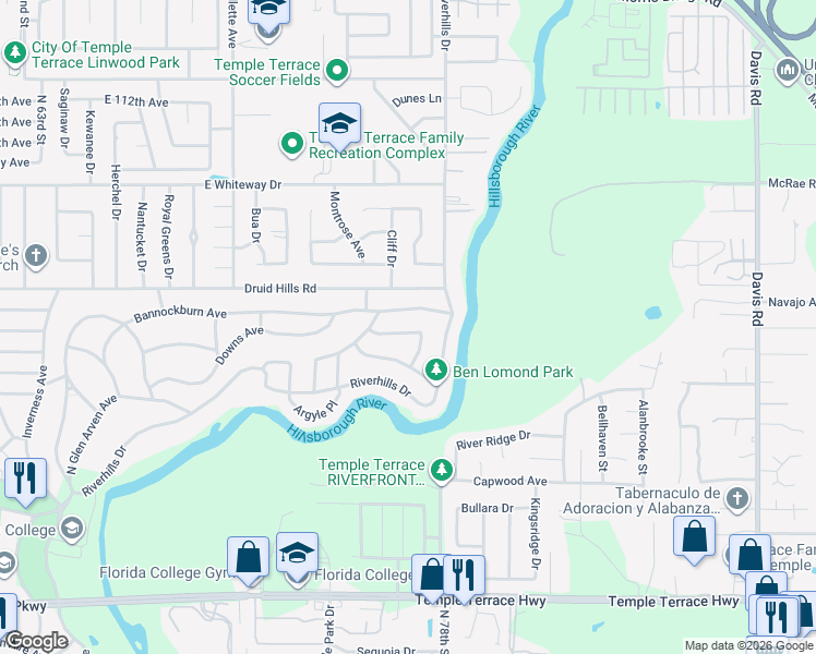 map of restaurants, bars, coffee shops, grocery stores, and more near 815 Bannockburn Avenue in Tampa