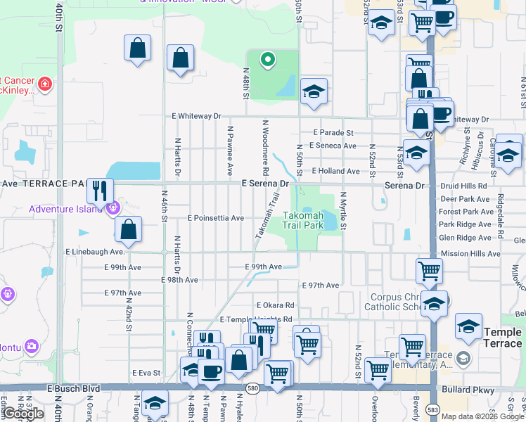 map of restaurants, bars, coffee shops, grocery stores, and more near 10210 North Woodmere Road in Tampa