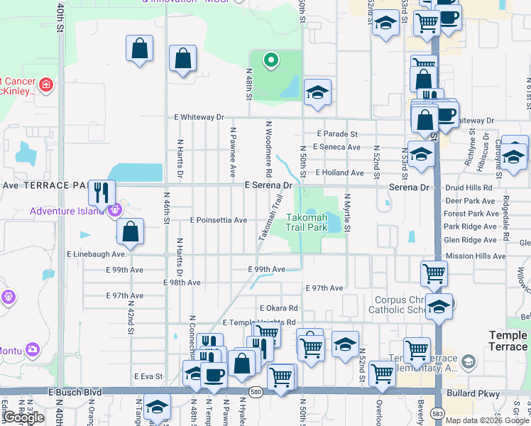 map of restaurants, bars, coffee shops, grocery stores, and more near 10210 North Woodmere Road in Tampa