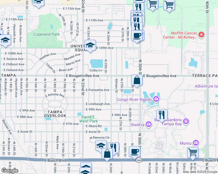 map of restaurants, bars, coffee shops, grocery stores, and more near 10210 North 26th Street in Tampa