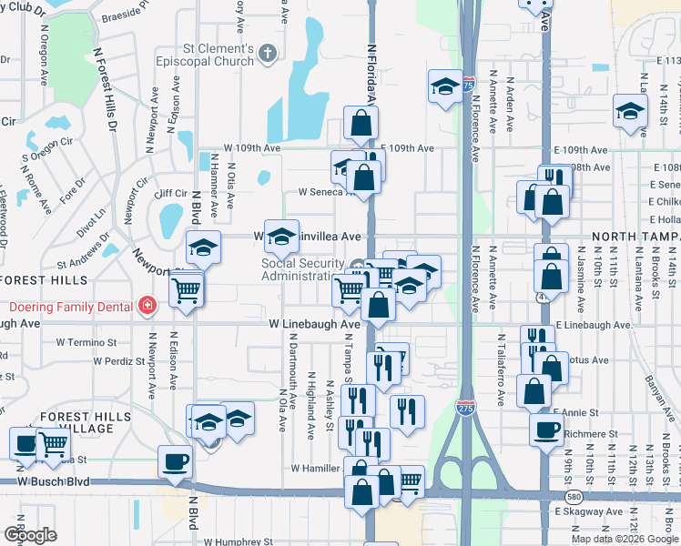 map of restaurants, bars, coffee shops, grocery stores, and more near 10119 North Ashley Street in Tampa