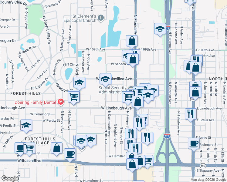 map of restaurants, bars, coffee shops, grocery stores, and more near 10117 North Dartmouth Avenue in Tampa