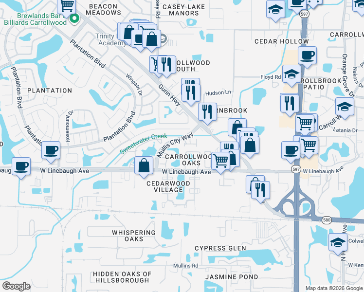 map of restaurants, bars, coffee shops, grocery stores, and more near 10110 Abingdon Place in Tampa