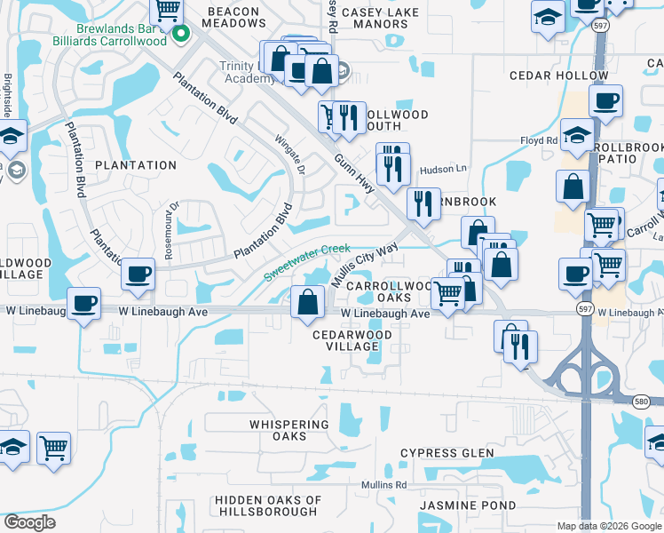 map of restaurants, bars, coffee shops, grocery stores, and more near 10151 Mullis City Way in Tampa