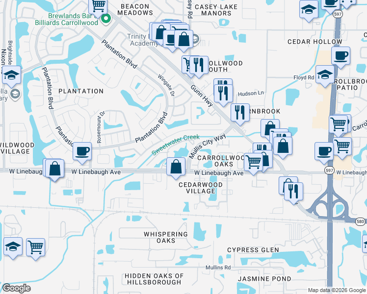 map of restaurants, bars, coffee shops, grocery stores, and more near 4520 Shadberry Drive in Tampa