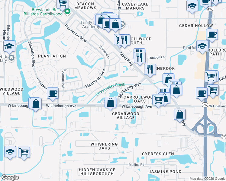map of restaurants, bars, coffee shops, grocery stores, and more near 4520 Shadberry Drive in Tampa
