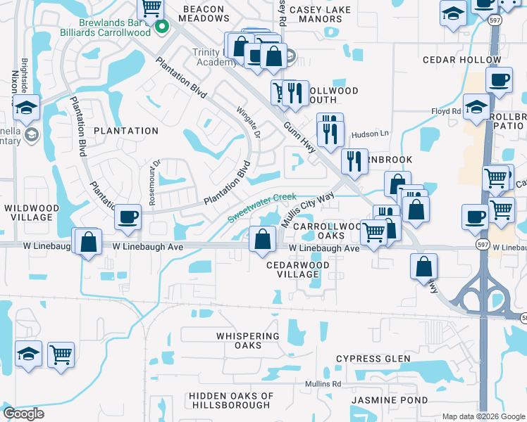 map of restaurants, bars, coffee shops, grocery stores, and more near 4520 Shadberry Drive in Tampa
