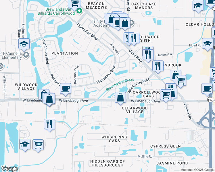 map of restaurants, bars, coffee shops, grocery stores, and more near 10009 Regal Woods Lane in Tampa