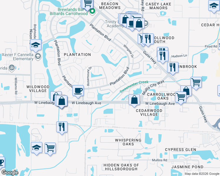 map of restaurants, bars, coffee shops, grocery stores, and more near 10469 Rosemount Drive in Tampa