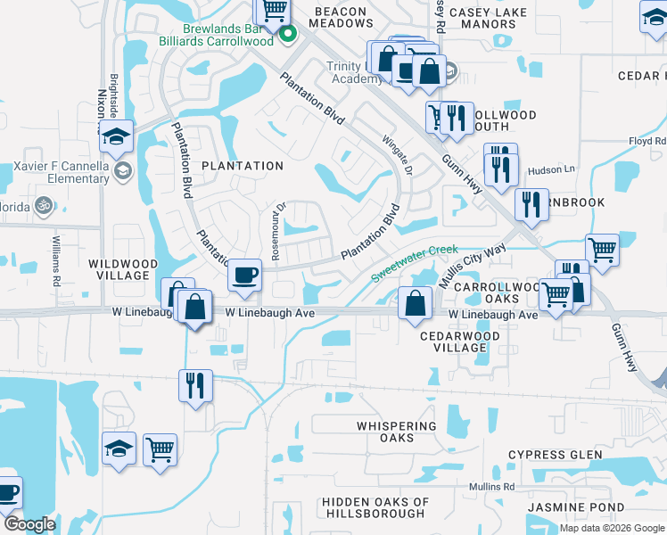 map of restaurants, bars, coffee shops, grocery stores, and more near 10469 Rosemount Drive in Tampa