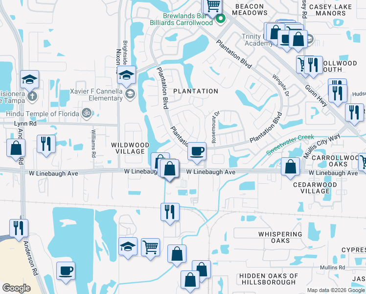 map of restaurants, bars, coffee shops, grocery stores, and more near 10397 Chadbourne Drive in Tampa