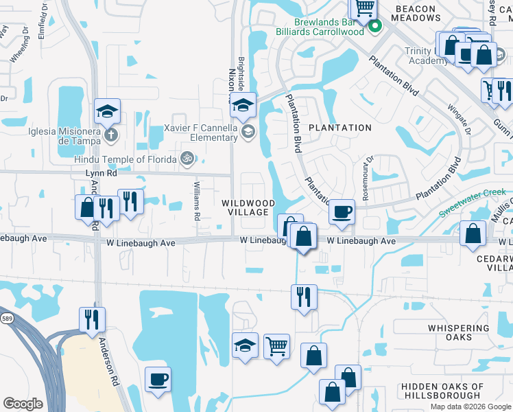 map of restaurants, bars, coffee shops, grocery stores, and more near 10114 Cedar Dune Drive in Tampa