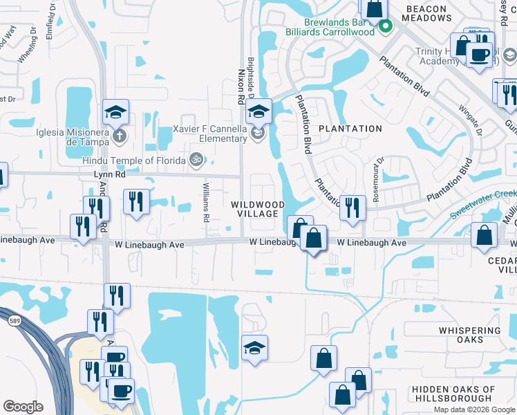 map of restaurants, bars, coffee shops, grocery stores, and more near 10177 Cedar Dune Drive in Tampa