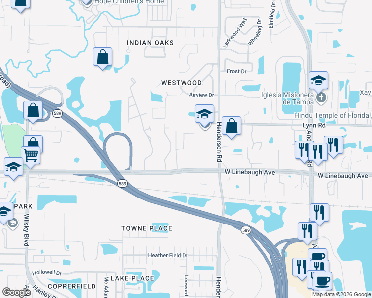map of restaurants, bars, coffee shops, grocery stores, and more near 10123 Mowry Lane in Tampa