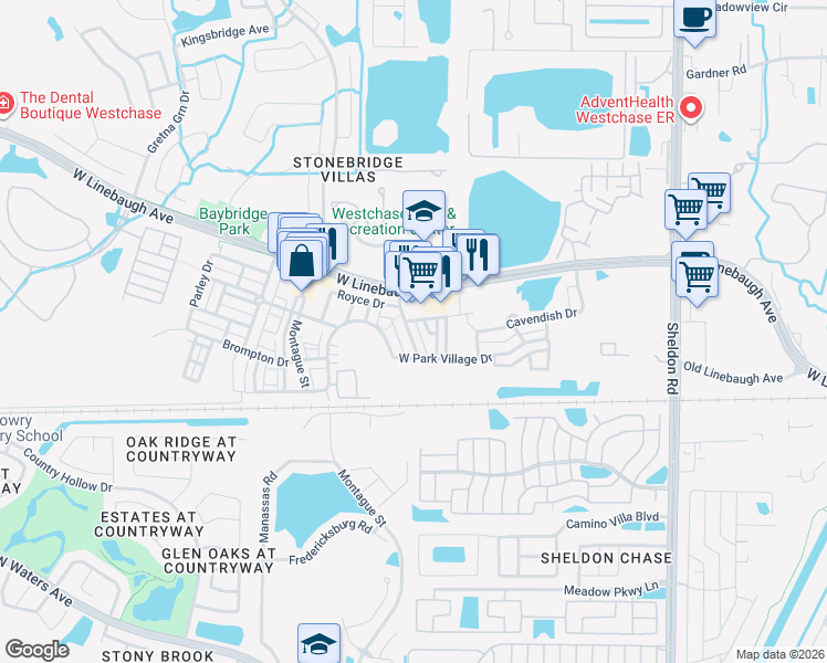 map of restaurants, bars, coffee shops, grocery stores, and more near 10035 Bentley Way in Tampa