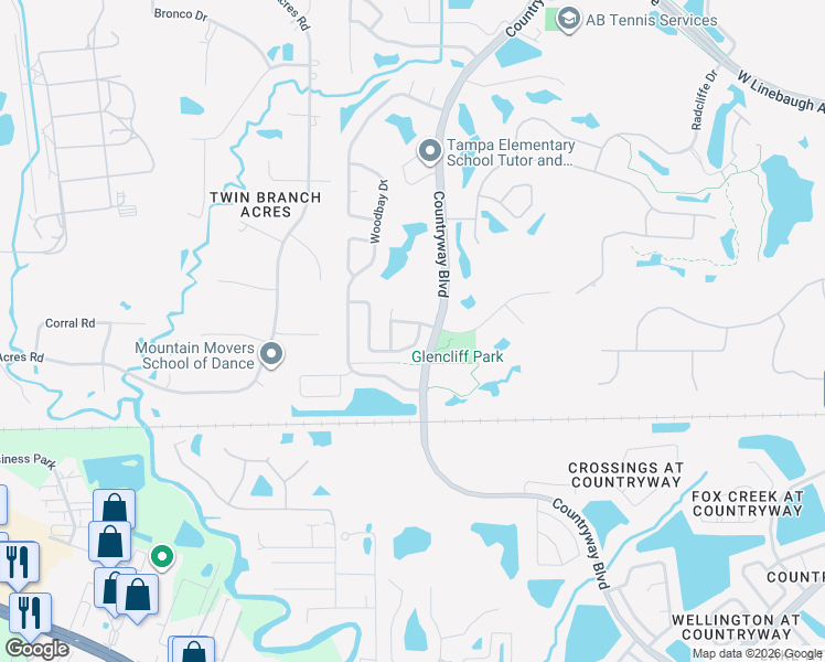 map of restaurants, bars, coffee shops, grocery stores, and more near 12305 Glencliff Circle in Tampa