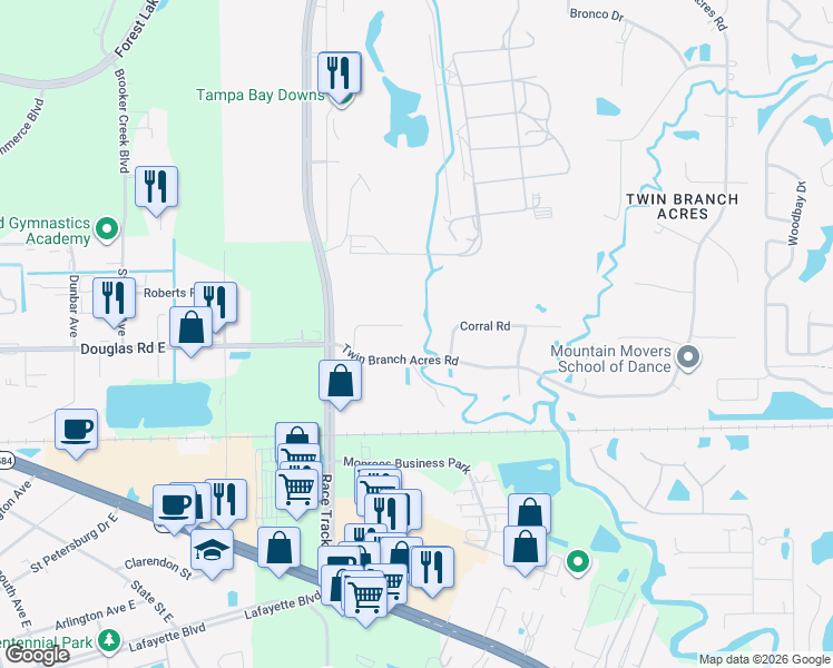 map of restaurants, bars, coffee shops, grocery stores, and more near 12801 Horseshoe Road in Tampa