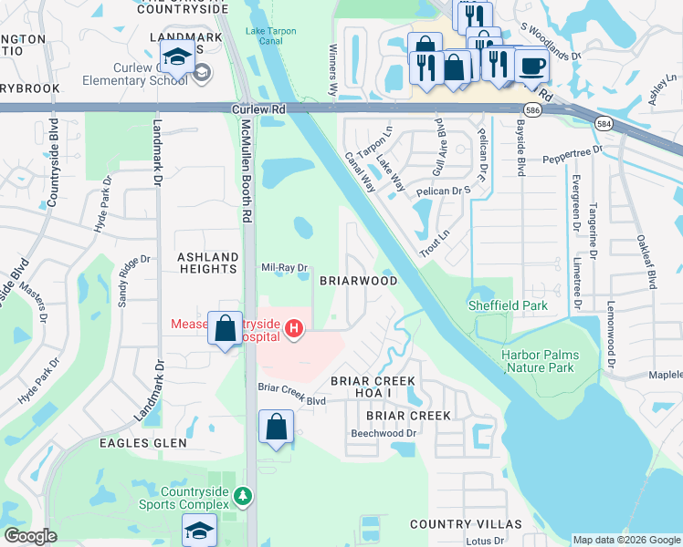 map of restaurants, bars, coffee shops, grocery stores, and more near 3327 Briarwood Lane in Safety Harbor