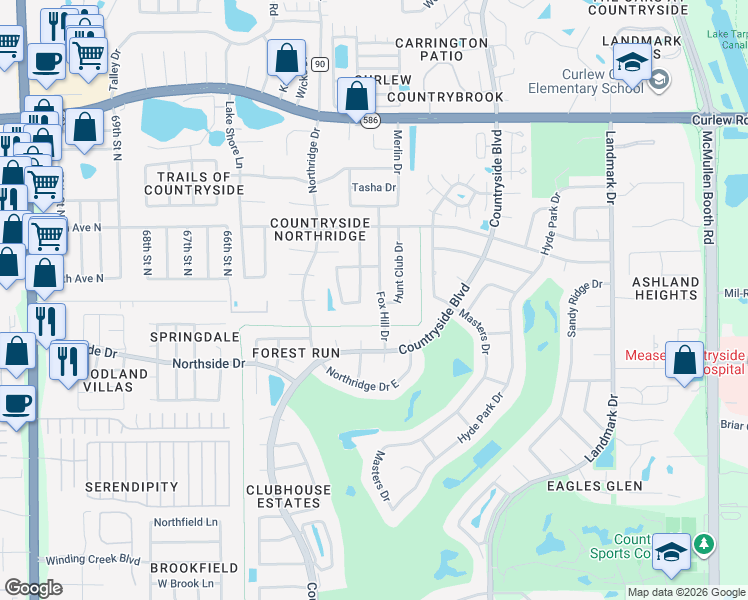 map of restaurants, bars, coffee shops, grocery stores, and more near 3324 Fox Hill Drive in Clearwater