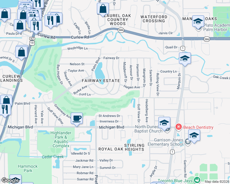 map of restaurants, bars, coffee shops, grocery stores, and more near 2311 Jones Drive in Dunedin