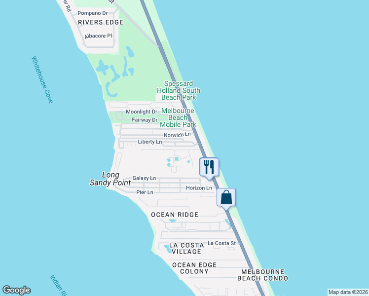 map of restaurants, bars, coffee shops, grocery stores, and more near 217 Liberty Lane in Melbourne Beach