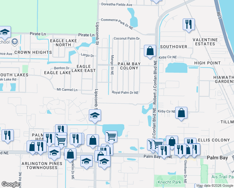 map of restaurants, bars, coffee shops, grocery stores, and more near 2313 Royal Palm Drive Northeast in Palm Bay