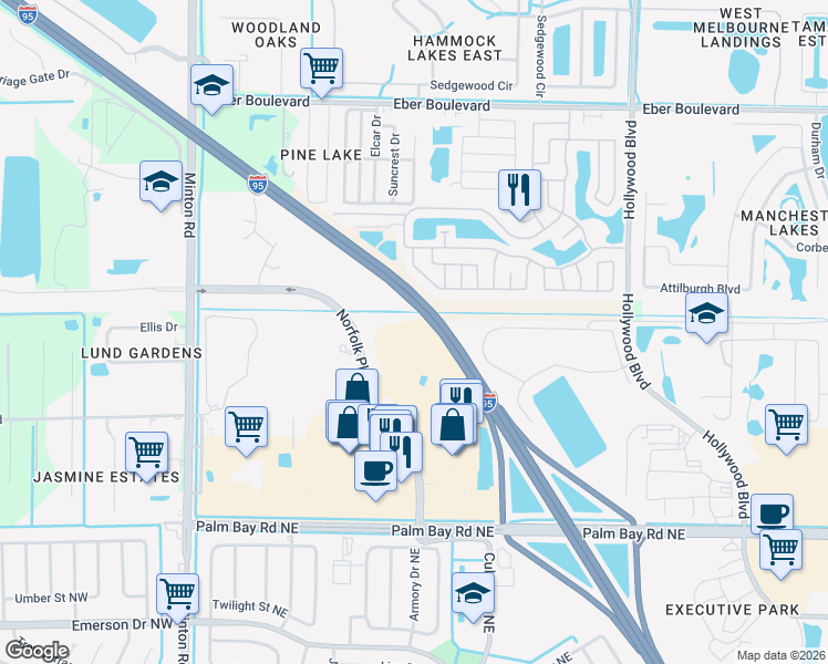 map of restaurants, bars, coffee shops, grocery stores, and more near 4255 Norfolk Parkway in West Melbourne