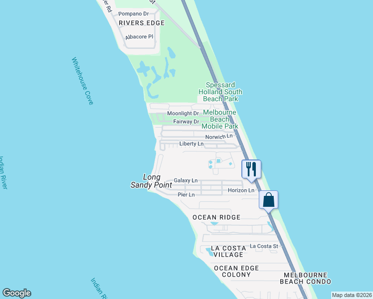 map of restaurants, bars, coffee shops, grocery stores, and more near 269 Liberty Lane in Melbourne Beach