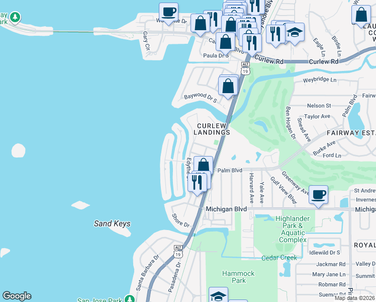 map of restaurants, bars, coffee shops, grocery stores, and more near 2249 Edythe Drive in Dunedin