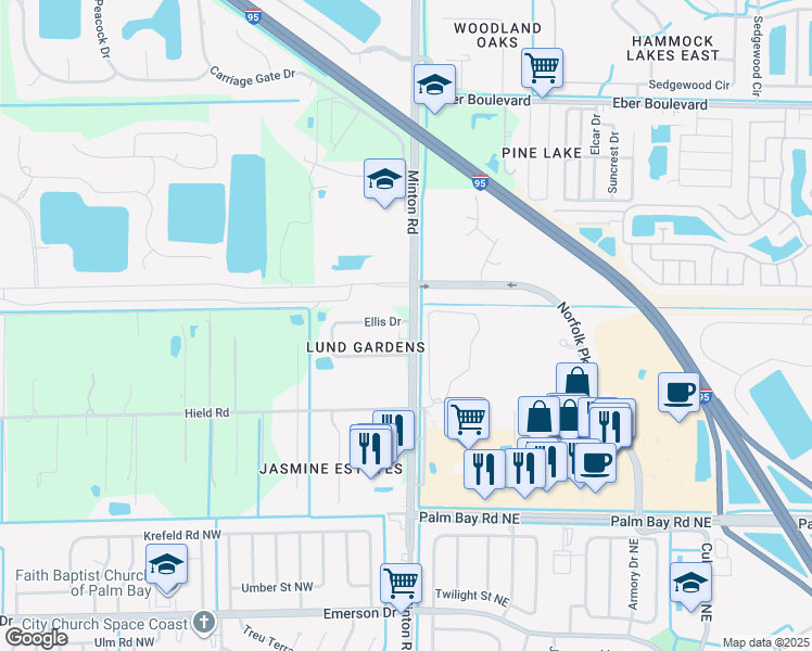 map of restaurants, bars, coffee shops, grocery stores, and more near 3960 County Road 509 in Melbourne