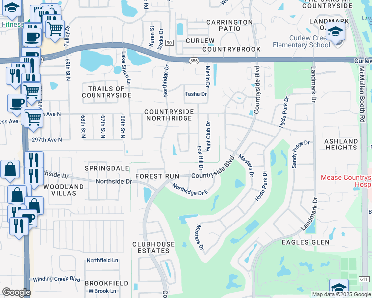 map of restaurants, bars, coffee shops, grocery stores, and more near 3327 West Wind Chime Drive in Clearwater