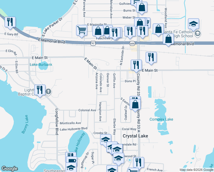 map of restaurants, bars, coffee shops, grocery stores, and more near 223 Griffin Avenue in Lakeland