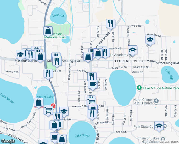 map of restaurants, bars, coffee shops, grocery stores, and more near 325 Avenue South Northwest in Winter Haven