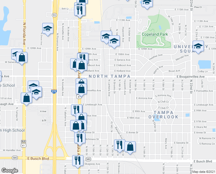 map of restaurants, bars, coffee shops, grocery stores, and more near 10109 North 11th Street in Tampa