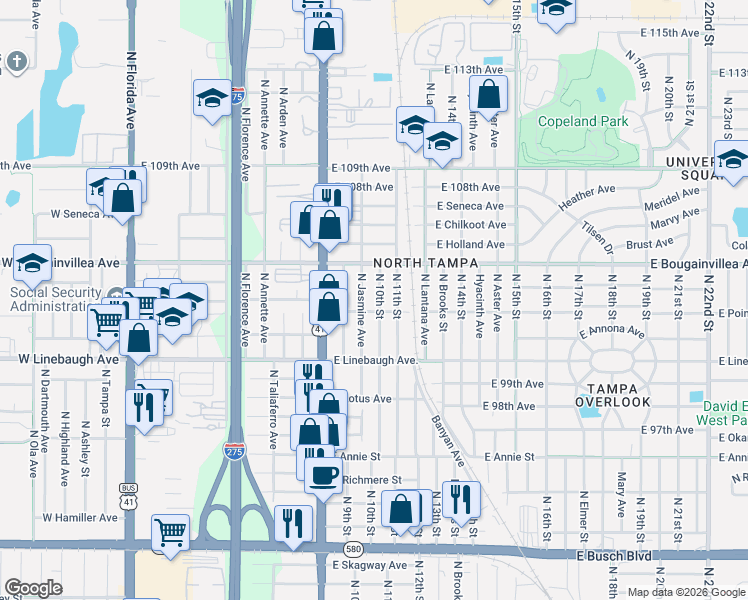 map of restaurants, bars, coffee shops, grocery stores, and more near 10110 North 10th Street in Tampa