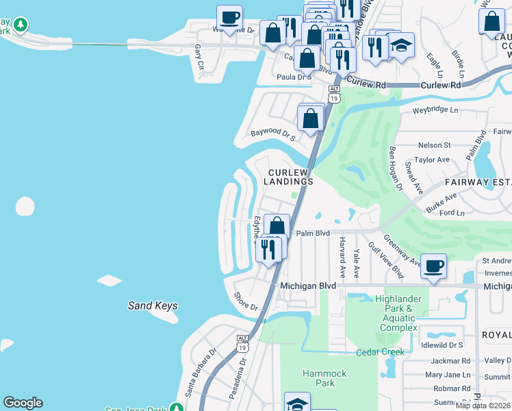 map of restaurants, bars, coffee shops, grocery stores, and more near 2249 Edythe Drive in Dunedin