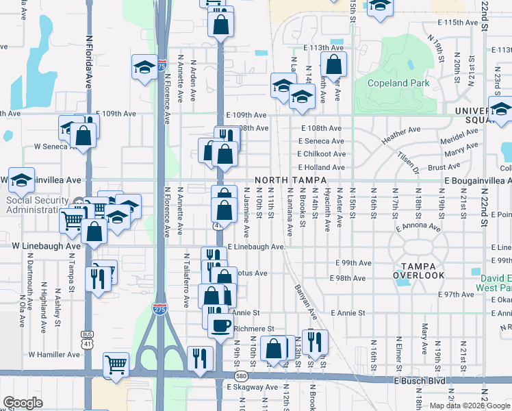 map of restaurants, bars, coffee shops, grocery stores, and more near 10110 North 10th Street in Tampa