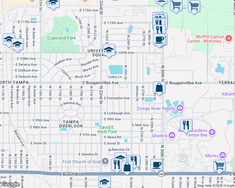 map of restaurants, bars, coffee shops, grocery stores, and more near 10210 North 24th Street in Tampa