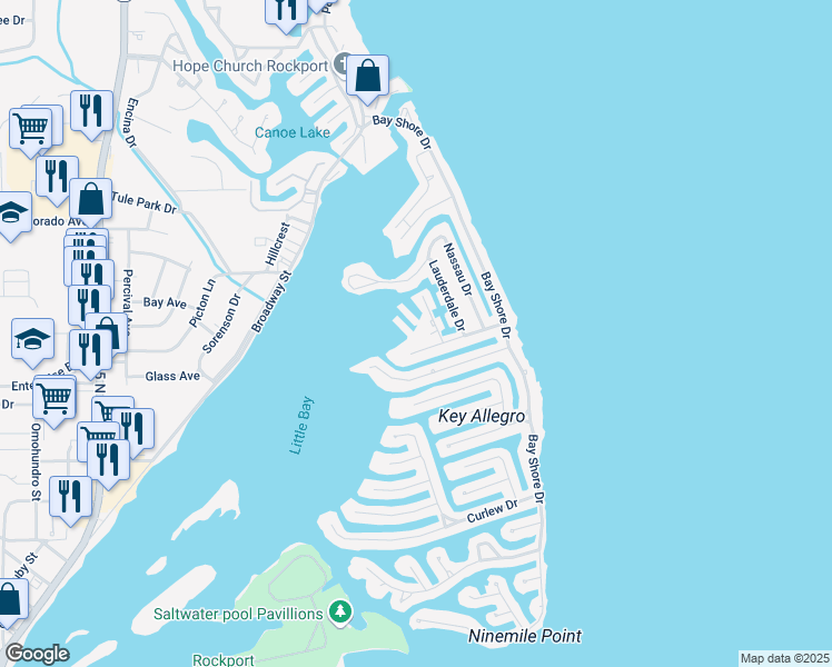 map of restaurants, bars, coffee shops, grocery stores, and more near 35 Mazatlan Drive in Rockport
