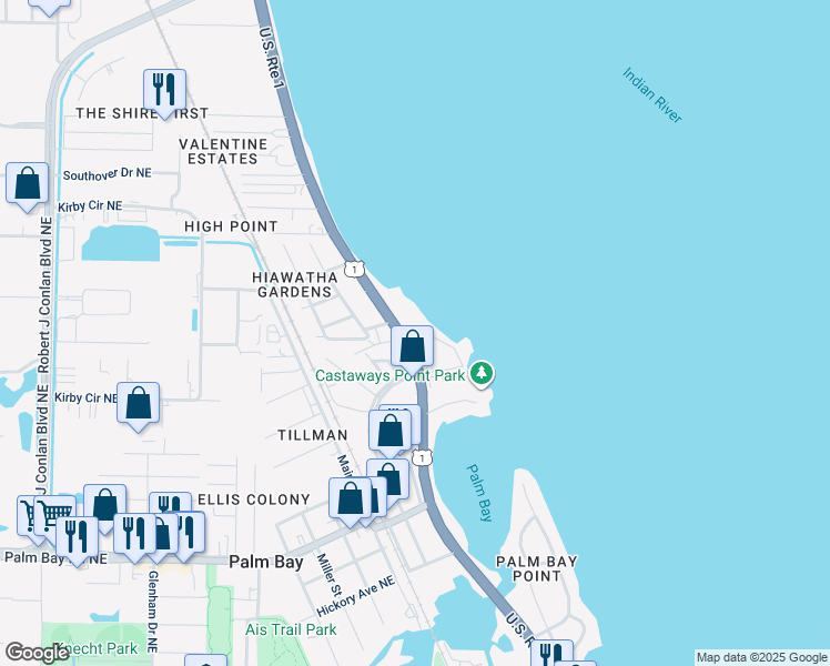 map of restaurants, bars, coffee shops, grocery stores, and more near 3122 Bay Boulevard Northeast in Palm Bay
