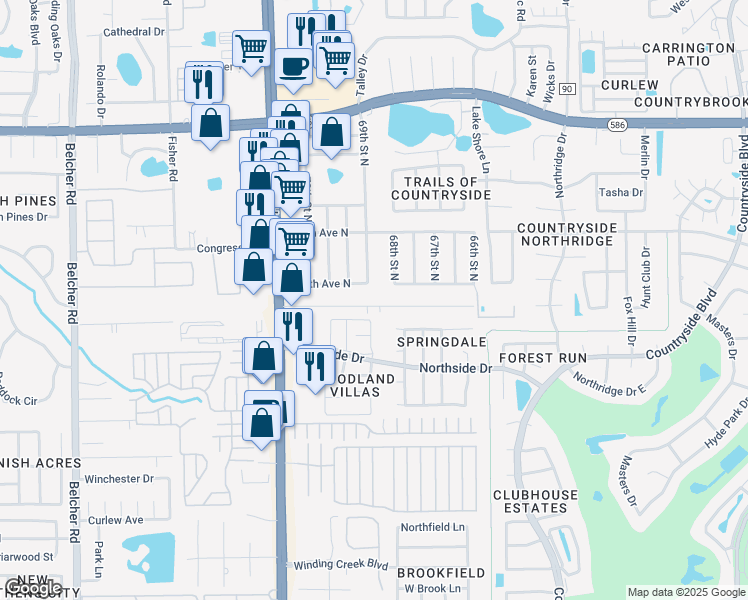 map of restaurants, bars, coffee shops, grocery stores, and more near 2494 Highland Acres Drive in Clearwater