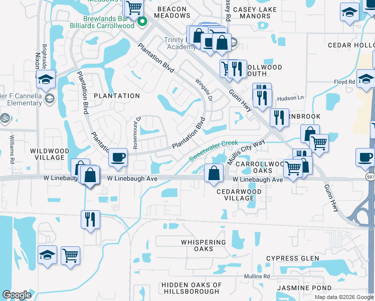 map of restaurants, bars, coffee shops, grocery stores, and more near 10002 Okengate Place in Tampa
