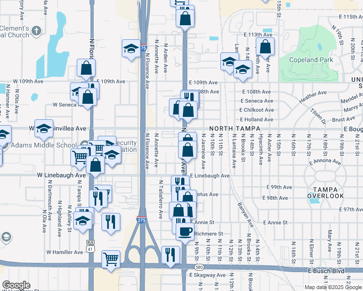 map of restaurants, bars, coffee shops, grocery stores, and more near 822 East Mc Ewen Avenue in Tampa