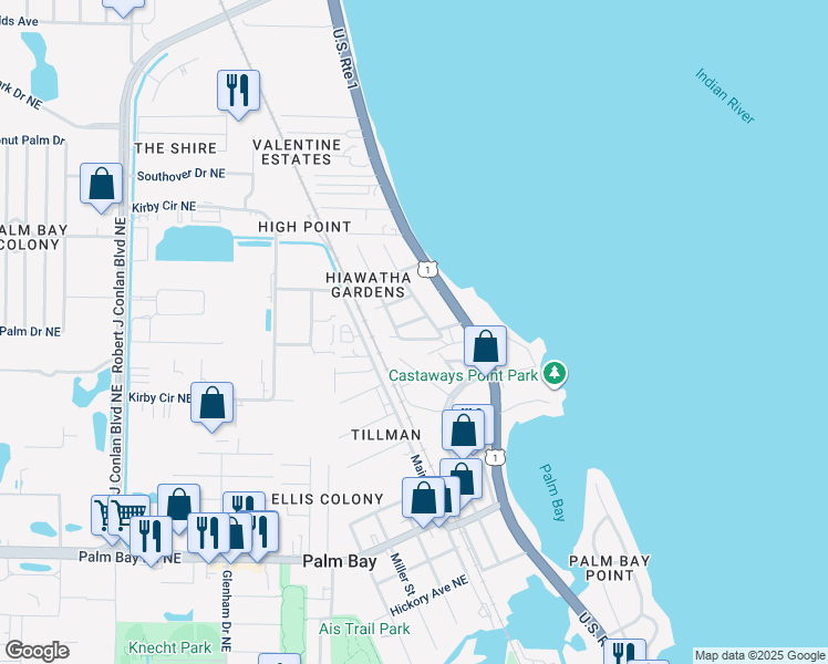map of restaurants, bars, coffee shops, grocery stores, and more near 2837 Shwonda Ave NE in Palm Bay