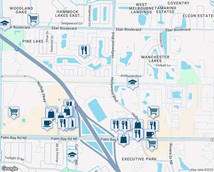 map of restaurants, bars, coffee shops, grocery stores, and more near Hollywood Boulevard in West Melbourne