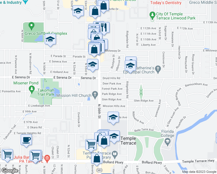 map of restaurants, bars, coffee shops, grocery stores, and more near 201 Deer Park Avenue in Temple Terrace