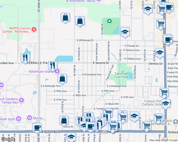 map of restaurants, bars, coffee shops, grocery stores, and more near 10208 North Oklawaha Avenue in Tampa