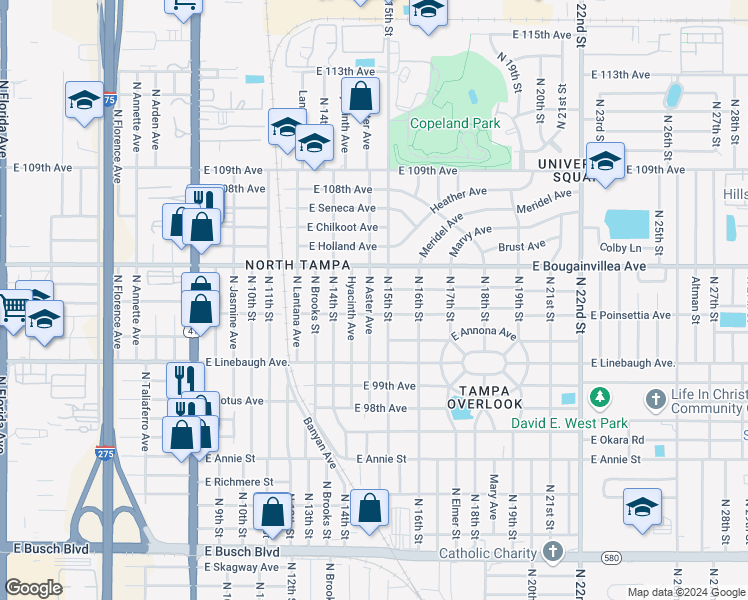 map of restaurants, bars, coffee shops, grocery stores, and more near 10106 North 15th Street in Tampa