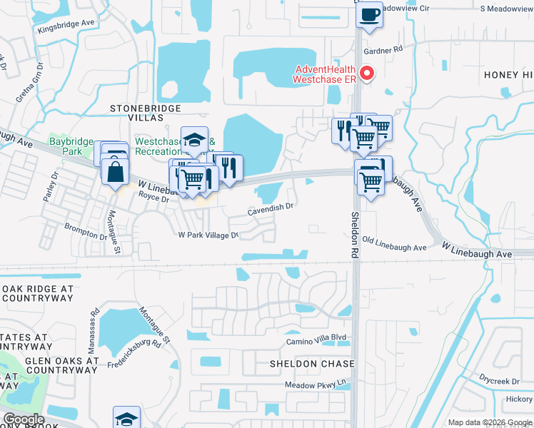 map of restaurants, bars, coffee shops, grocery stores, and more near 9510 Cavendish Drive in Tampa
